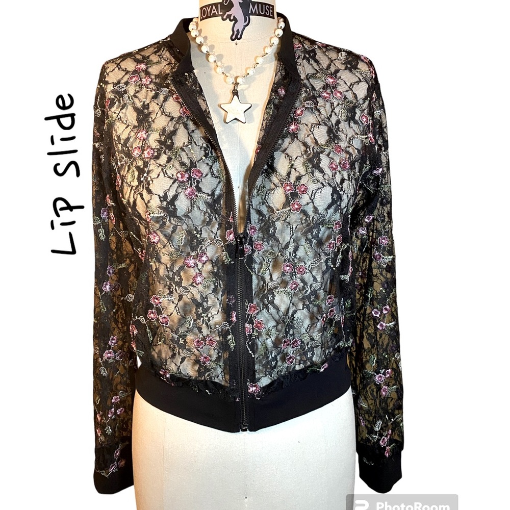 Lace Floral Embroidery Front Zip Jacket / Top🌺 Lip Slide Black Medium Bomer